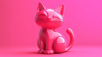 10.A cute 3D pink cat sitting in a relaxed pose, featuring a shiny plastic texture and cartoonish proportions. The cat has large eyes, a small nose, and pointy ears, all highlighted by the vibrant