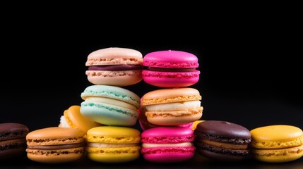 Fototapeta premium Vibrant Macarons Stack on Dark Background Artistic Gourmet Dessert Presentation