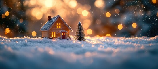 Miniature Christmas house in snow with fir tree and bokeh lights at night festive scene with glowing windows and soft snowfall ambiance