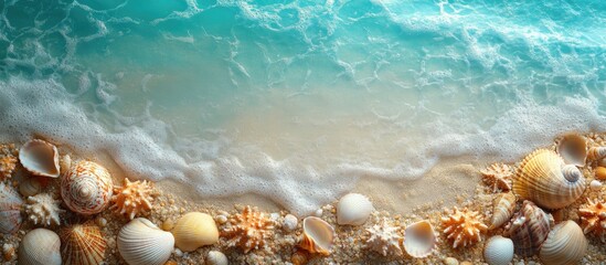 Summer holiday marine life greeting card design with seashells beside a tranquil beach and clear turquoise waters for customizable messages