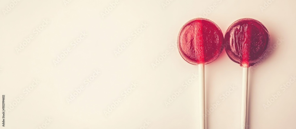 Poster two red lollipops in close up view on a light background with ample copy space symbolizing love and 
