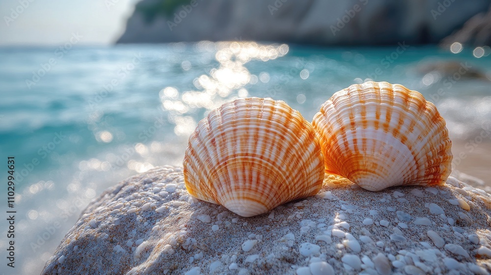 Poster seashells resting on a textured rock with a sparkling sea backdrop and coastal scenery in soft focus