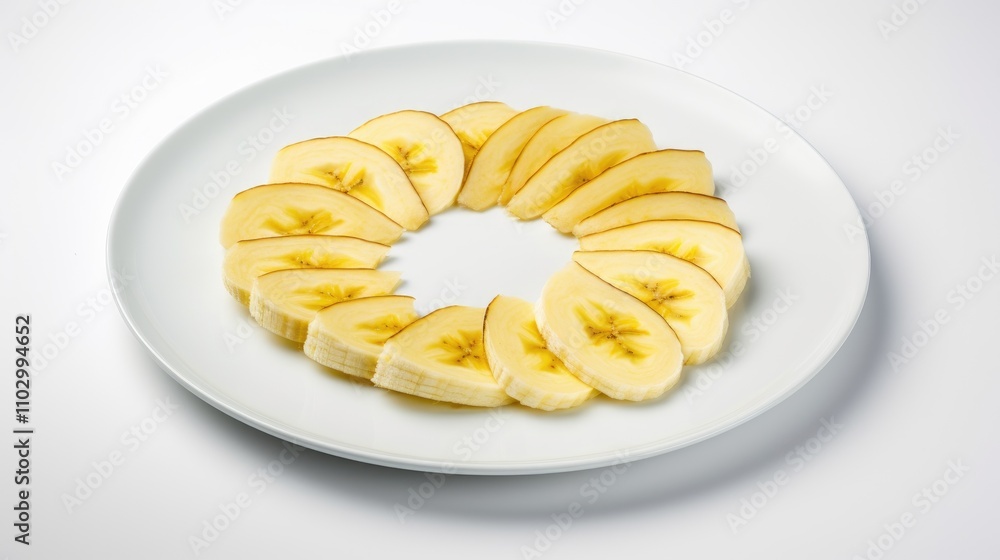 Poster banana slices neatly arranged in a circular pattern on a white plate against a clean background show