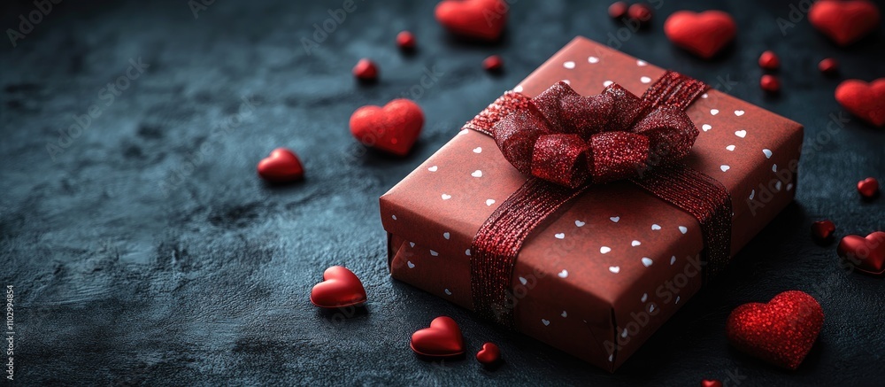 Poster gift box adorned with a ribbon surrounded by sparkling red hearts on a dark textured background for 