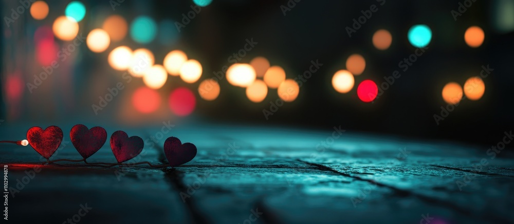 Poster small decorative hearts arranged on a dark surface with a soft bokeh light background creating a rom