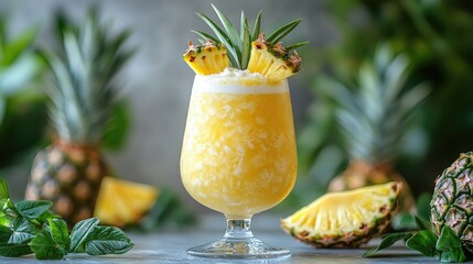 Pina colada cocktail with pineapple garnish surrounded by fresh pineapples on a white background ideal for tropical drink promotions