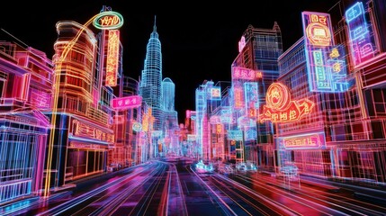 Neon Wireframe Cityscape Futuristic Asian Metropolis at Night