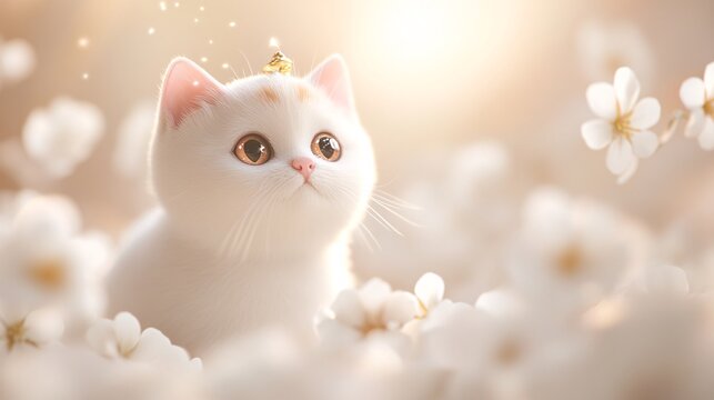 37.A cute Scottish Fold cat rendered in 3D, standing on its back paws with soft white fur, pink highlights, and shimmering golden stripes. The cat has a tiny golden horn, making it look like a
