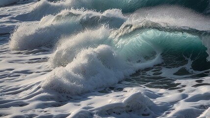 Close-up view of foamy ocean waves curling over themselves, with intricate patterns and textures in the churning water.