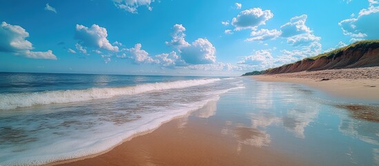 Obraz premium Serene beach landscape under a vibrant blue sky with fluffy clouds reflecting on calm water during a sunny summer day