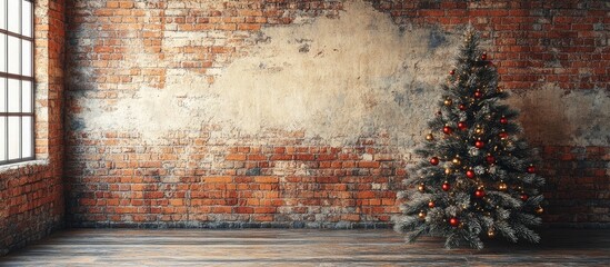 Cozy Christmas tree decoration in a rustic brick wall interior setting creating a warm festive atmosphere for holiday celebrations
