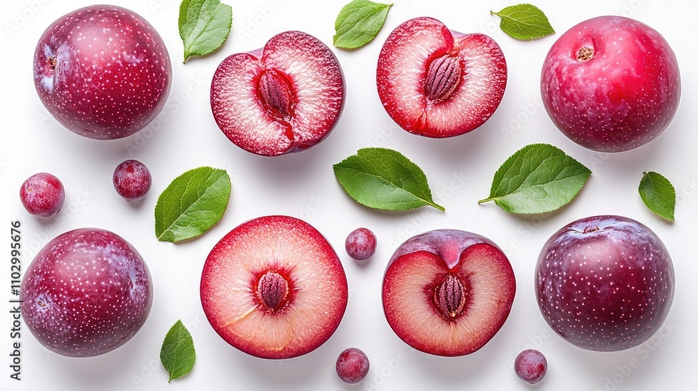 Poster fresh ripe plums whole and sliced with leaves arranged on a white background in high resolution for 