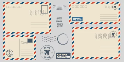 Fototapete Backside blank travel postcard with dirty stain. Vector Air mail par avion postage stamps, stamp old post card empty Back side template tags postale set logo print address track trace airmail envelope © Svitlana Tolmach 