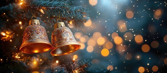 Christmas bells hanging on a pine branch with blurred bokeh lights in soft focus creating a festive atmosphere and ample copyspace