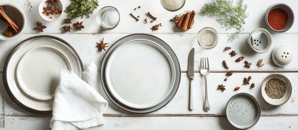 Poster vintage dining setup with two-tone plates, cutlery, and spices on a rustic table creating a charming