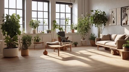 Serene, sunlit loft space with minimal furnishings, polished wooden floors, and a selection of potted plants enhancing the modern aesthetic