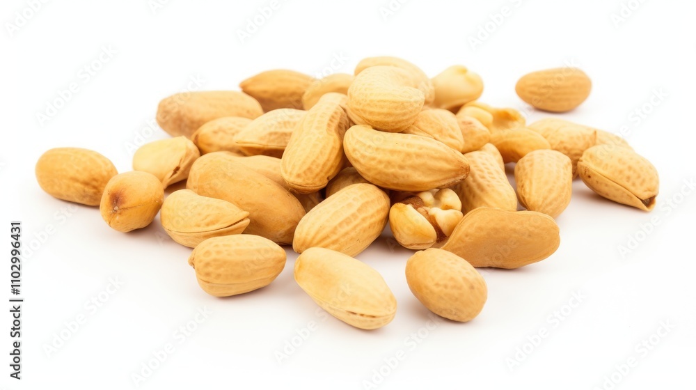 Poster Peanuts scattered on a clean white background showcasing their natural shape and texture in a collection display for culinary use