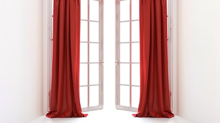 Window Red Curtain on White Background - A Striking and Elegant Interior Element. The Rich Red Curtain Hanging by the Window on the Pure White Background, with Its Soft Fabric and Graceful Drape,