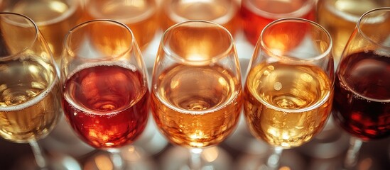 Elegant assortment of wine glasses showcasing diverse colors and varieties arranged on a luxurious buffet table for an upscale event