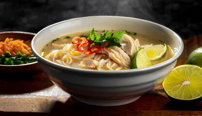 A close-up shot of a steaming bowl of Soto Ayam, Indonesian chicken soup garnished with fresh lime, crispy shallots and vibrant green celery leaves