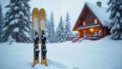 Golden skis stand tall in freshly fallen snow near a cozy mountain lodge during winter dusk