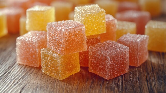 Colorful gummy candy cubes on a wooden surface showcasing natural polysaccharide ingredients and vibrant textures in confectionery design.