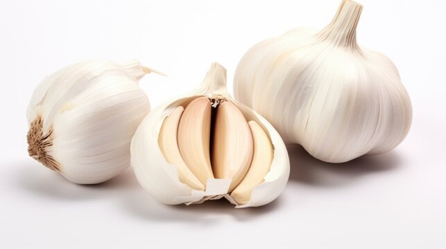 Fresh garlic bulbs and cloves isolated on a clean white background showcasing their natural texture and shape for culinary uses.