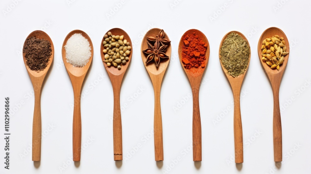 Poster colorful array of spices in wooden spoons arranged against a clean white background captured from a 