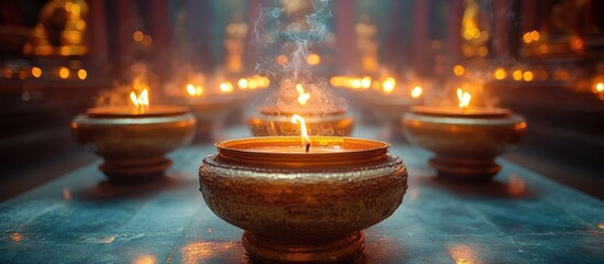 Worship ritual with lit candles and incense sticks creating serene ambiance in a tranquil sacred environment