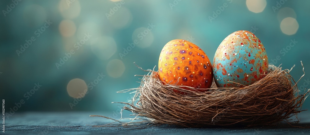 Poster cosmic colored easter eggs in a rustic nest on a soft bokeh background celebrating the spirit of the