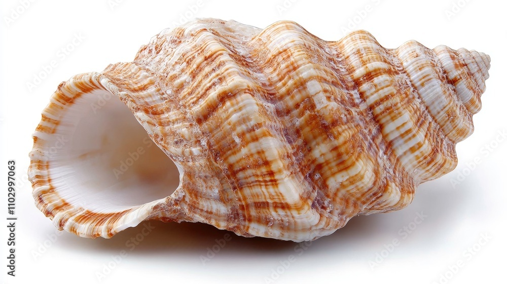 Poster seashell on white background showcasing intricate patterns and textures suitable for beach or marine