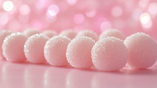 Pink mothballs arranged in a row with a blurred sparkling pink background creating a whimsical and dreamy atmosphere