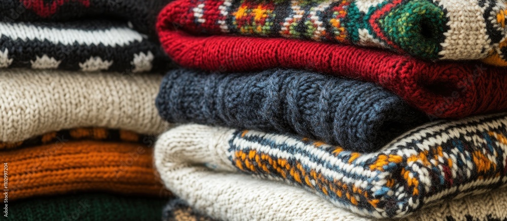 Poster cozy knitted pullovers in assorted colors and patterns neatly stacked for a stylish seasonal display