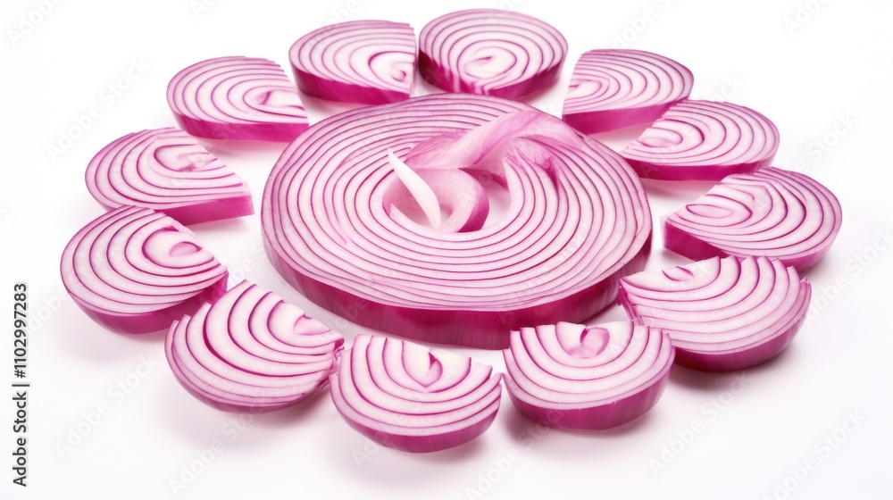 Poster sliced red onion arranged in a circular pattern on a clean white background showcasing vibrant color