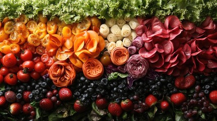 Vibrant assortment of fresh fruits and vegetables beautifully arranged in layers for a healthy salad concept