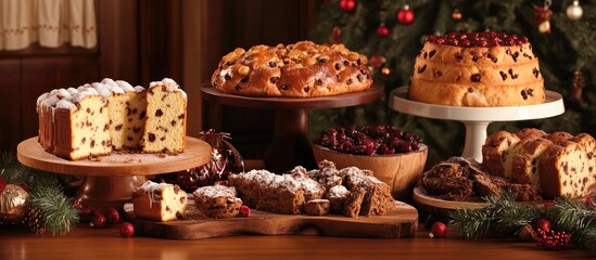 Festive table display featuring various panettone pastries and holiday decorations in a cozy setting with Christmas tree ambiance