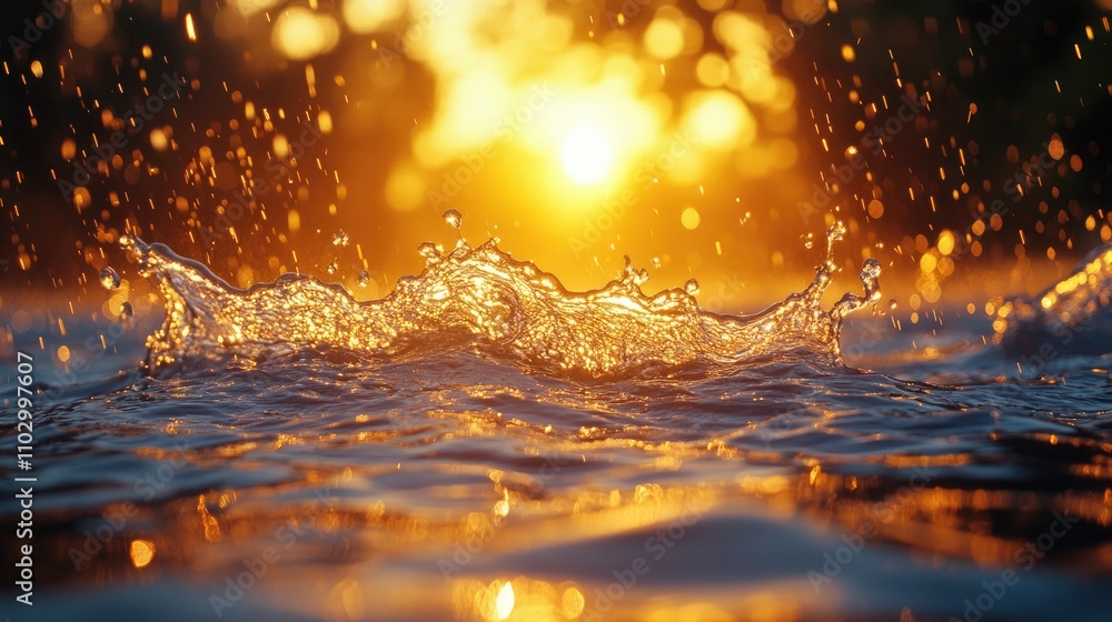 Poster golden sunset reflected on water with splashes creating a dreamy wave texture and bokeh background e