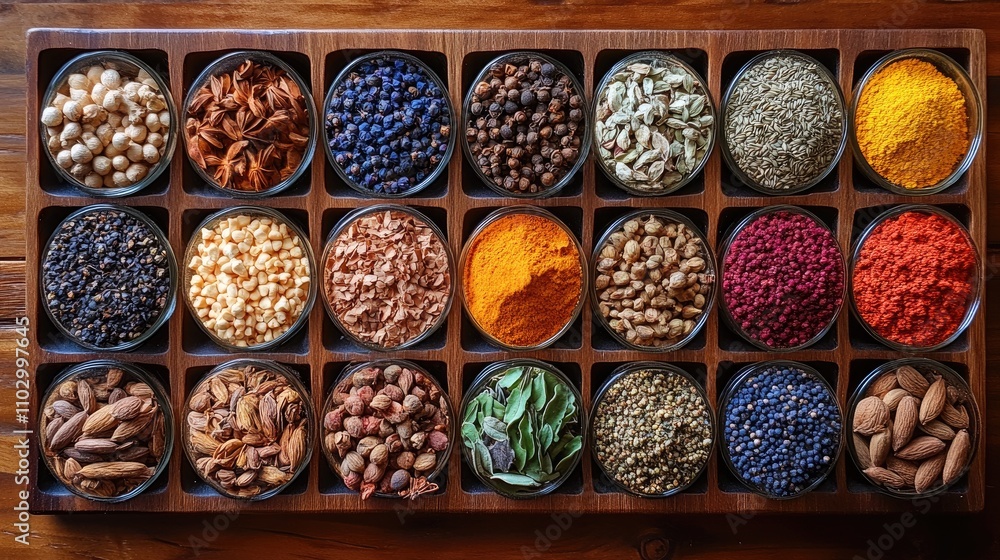 Poster assorted spices displayed in containers on a wooden table background for culinary and cultural theme