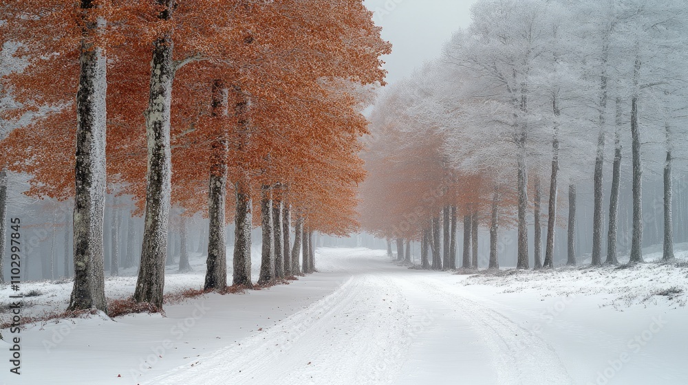 Poster winter forest landscape with snow-covered trees and fog creating a serene atmosphere along a snowy p