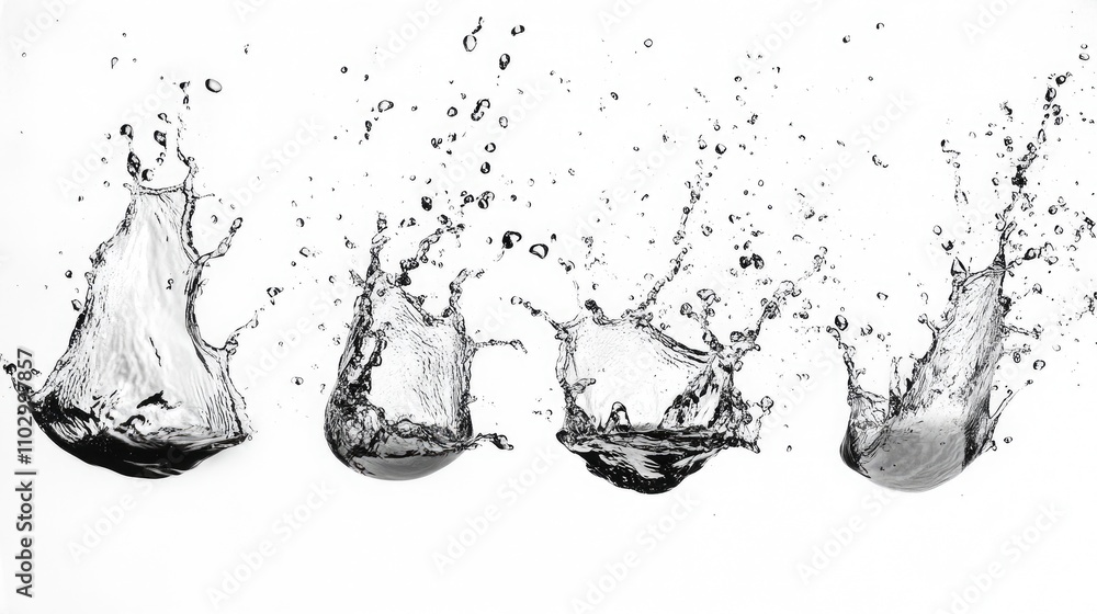 Poster water splashes captured in sequence on a white background showcasing dynamic movement and fluidity i