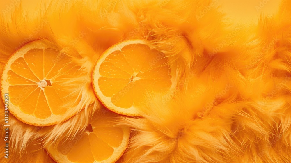 Poster citrus slices of lemon and orange on vibrant yellow background with soft textures top view