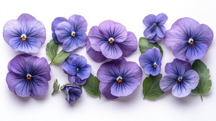 Violet pansy flower collection with leaves arranged on a white background showcasing floral design elements in a creative flat lay composition