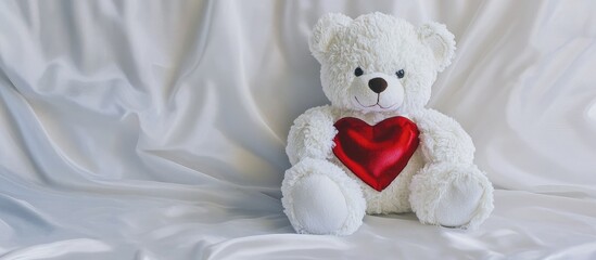 Teddy Bear Holding a Red Heart on a Soft White Silk Background for Valentine's Day or Romantic Themes