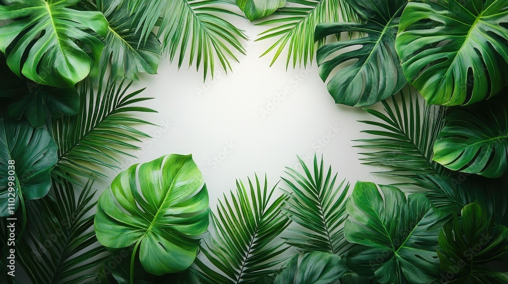 Poster tropical green palm leaves arranged on a white background with ample empty space for text or brandin