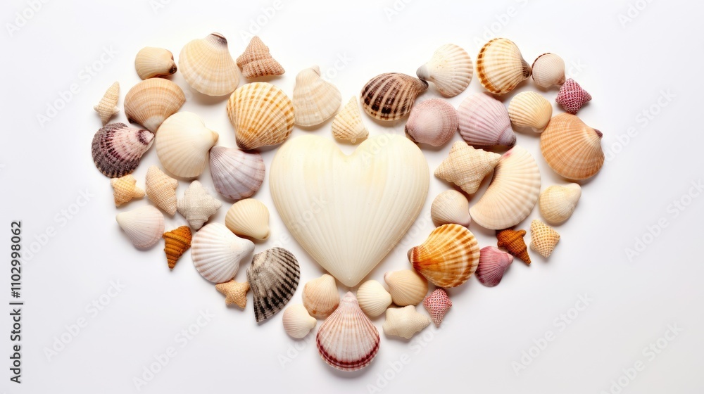 Poster beautiful seashells arranged in a heart shape on a white background with a blank space for postcards