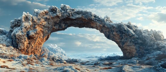 Majestic natural rock arch formation amidst a serene landscape showcasing rugged textures and vibrant colors under a dramatic sky