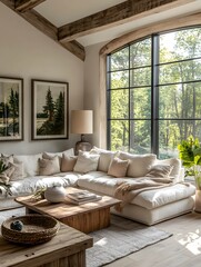 Modern Living Room with Large Windows, Cozy Sectional Sofa, Wooden Coffee Table, Indoor Plants, and Minimalist Decor in a Spacious, Sunlit Open-Plan Space with High Ceilings and Natural Light.