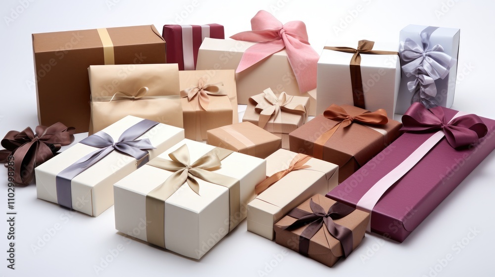 Poster assorted paper gift boxes in various sizes and colors with ribbons isolated on white background for 