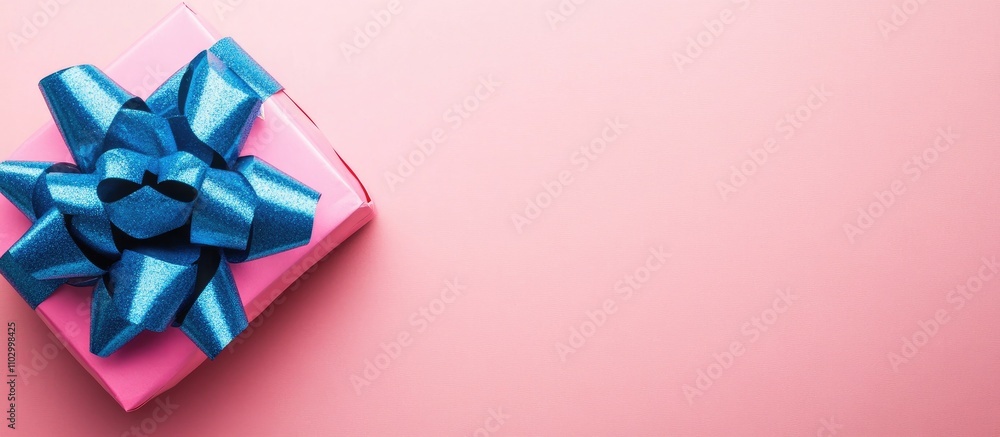 Poster gift box wrapped in pink paper with a blue bow on a soft pink background with ample space for person