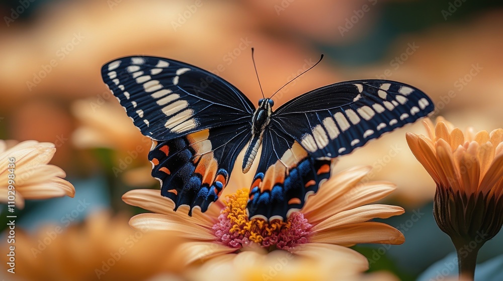 Poster swallowtail butterfly perched on vibrant flowers with a soft blurred background and ample copy space